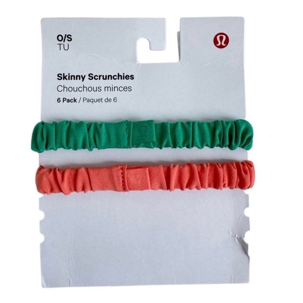2 Lululemon Skinny Scrunchies Kelly Green and Coral Kiss NWOT